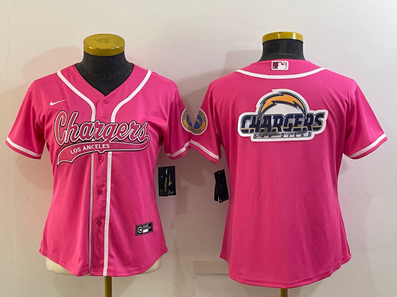 Women's Los Angeles Chargers Pink Team Big Logo With Patch Cool Base Stitched Baseball Jersey