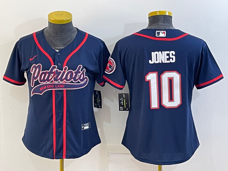 Women's New England Patriots #10 Mac Jones Navy With Patch Cool Base Stitched Baseball Jersey