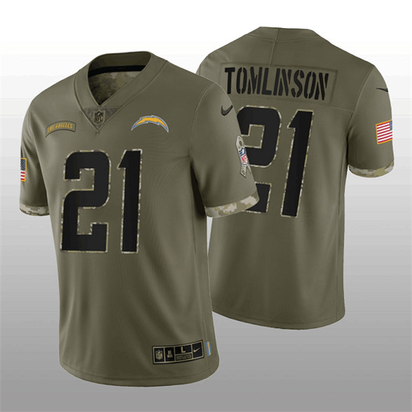 Men's Los Angeles Chargers #21 LaDainian Tomlinson 2022 Olive Salute To Service Limited Stitched Jersey