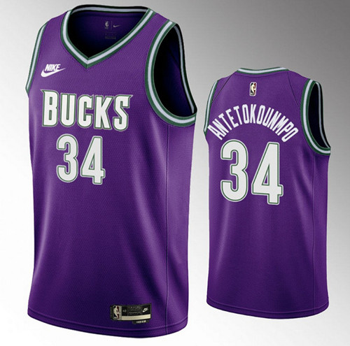 Men's Milwaukee Bucks #34 Giannis Antetokounmpo 2022-23 Purple Classic Edition Swingman Stitched Basketball Jersey