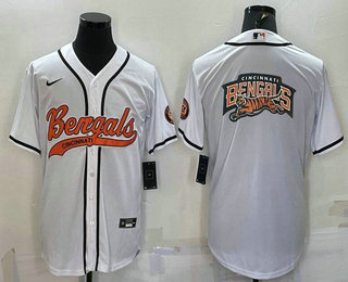 Men's Cincinnati Bengals White Team Big Logo With Patch Cool Base Stitched Baseball Jersey