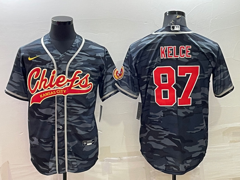 Men's Kansas City Chiefs Blank #87 Travis Kelce Grey Navy Camo With Patch Cool Base Stitched Baseball Jersey