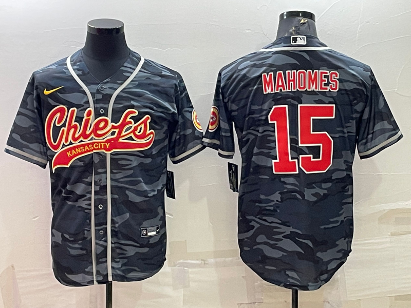 Men's Kansas City Chiefs Blank #15 Patrick Mahomes Grey Navy Camo With Patch Cool Base Stitched Baseball Jersey