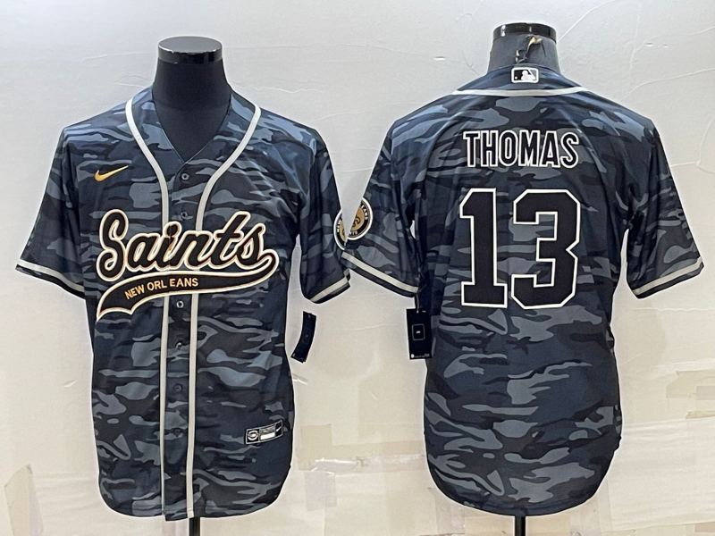 Men's New Orleans Saints #13 Michael Thomas Grey Camo With Patch Cool Base Stitched Baseball Jersey