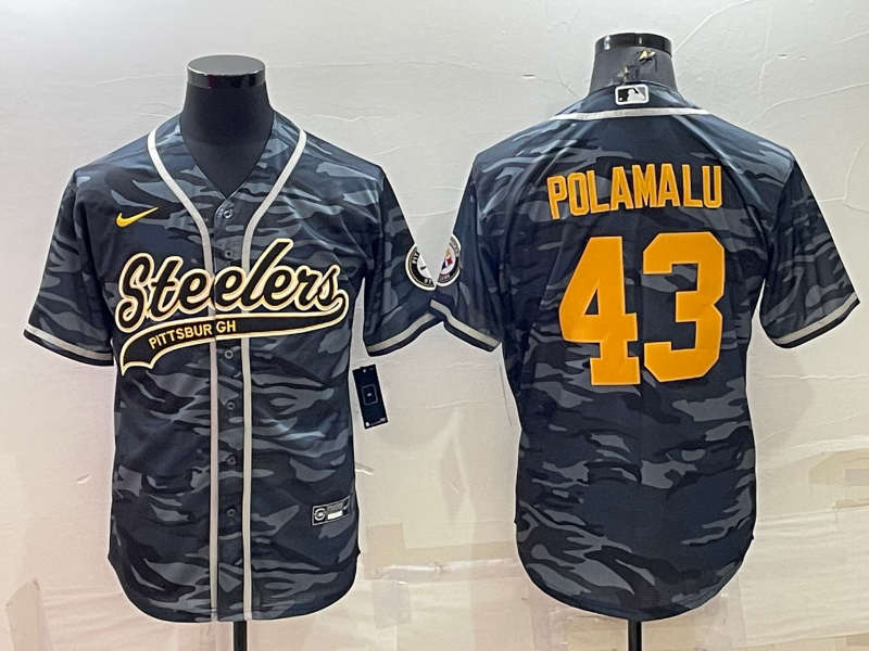 Men's Pittsburgh Steelers #43 Troy Polamalu Grey Navy Camo With Patch Cool Base Stitched Baseball Jersey