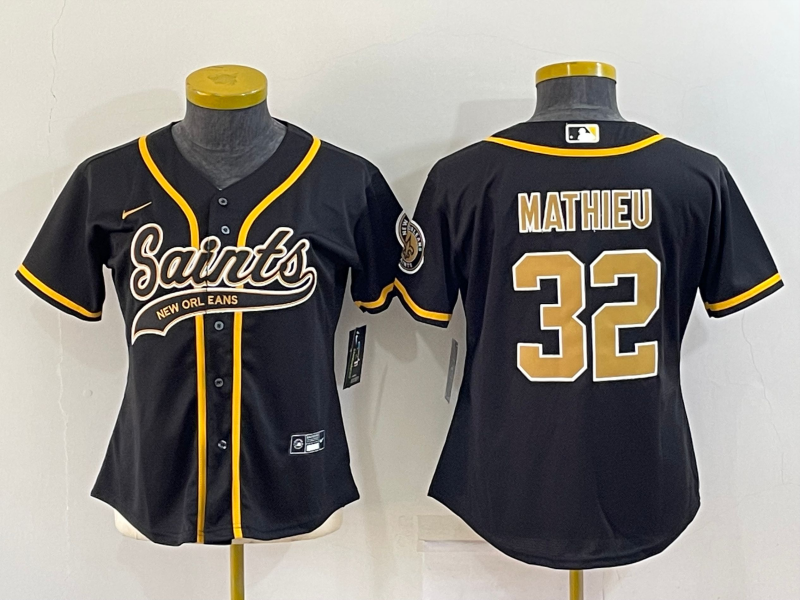 Women's New Orleans Saints #32 Tyrann Mathieu Black With Patch Cool Base Stitched Baseball Jersey