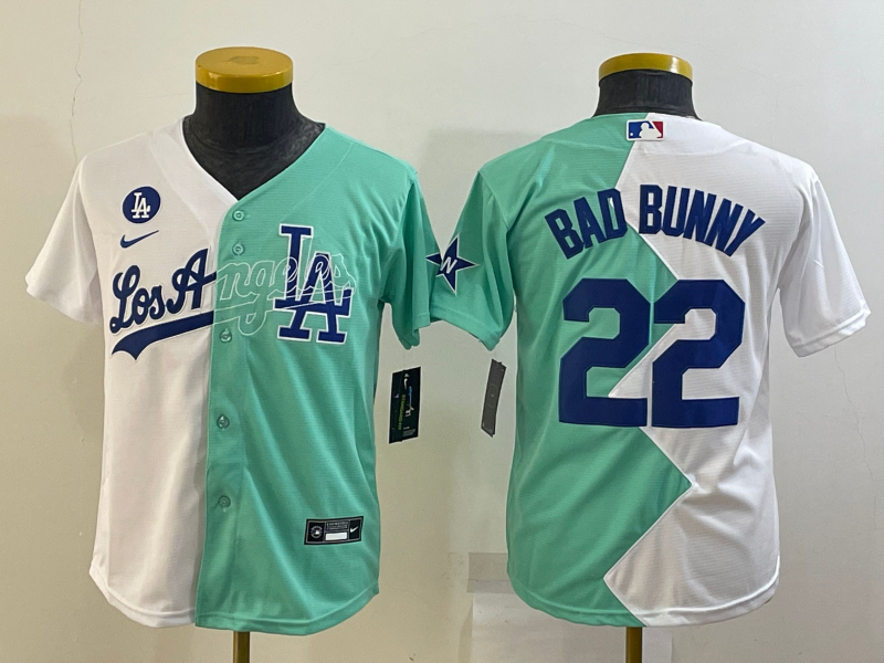 Youth Los Angeles Dodgers #22 Bad Bunny White Green Two Tone 2022 Celebrity Softball Game Cool Base Jersey