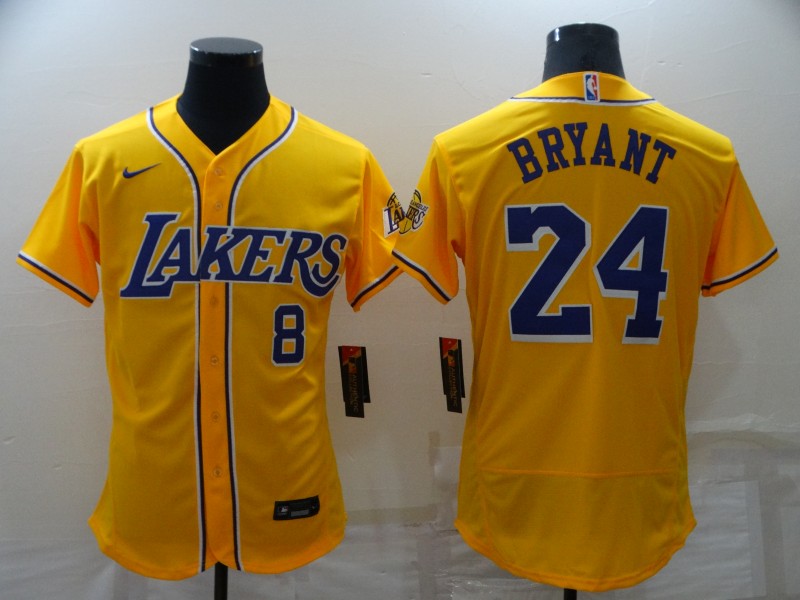 Men's Los Angeles Lakers #8 #24 Kobe Bryant Yellow Stitched Flex Base Nike Baseball Jersey