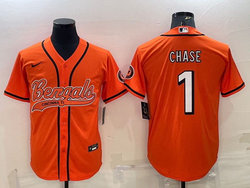 Men's Cincinnati Bengals #1 JaMarr Chase Orange With Patch Cool Base Stitched Baseball Jersey