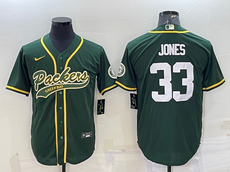 Men's Green Bay Packers #33 Aaron Jones Green With Patch Cool Base Stitched Baseball Jersey