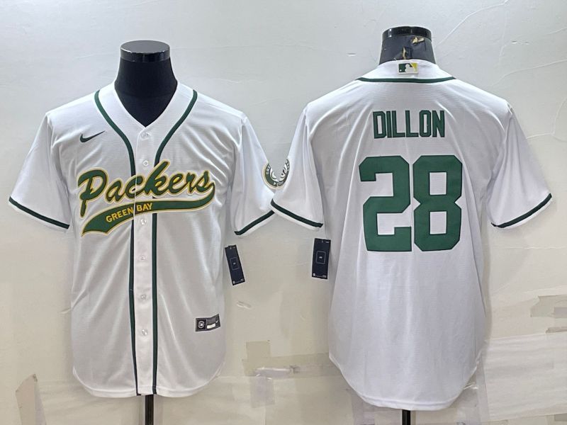 Men's Green Bay Packers #28 AJ Dillon White With Patch Cool Base Stitched Baseball Jersey