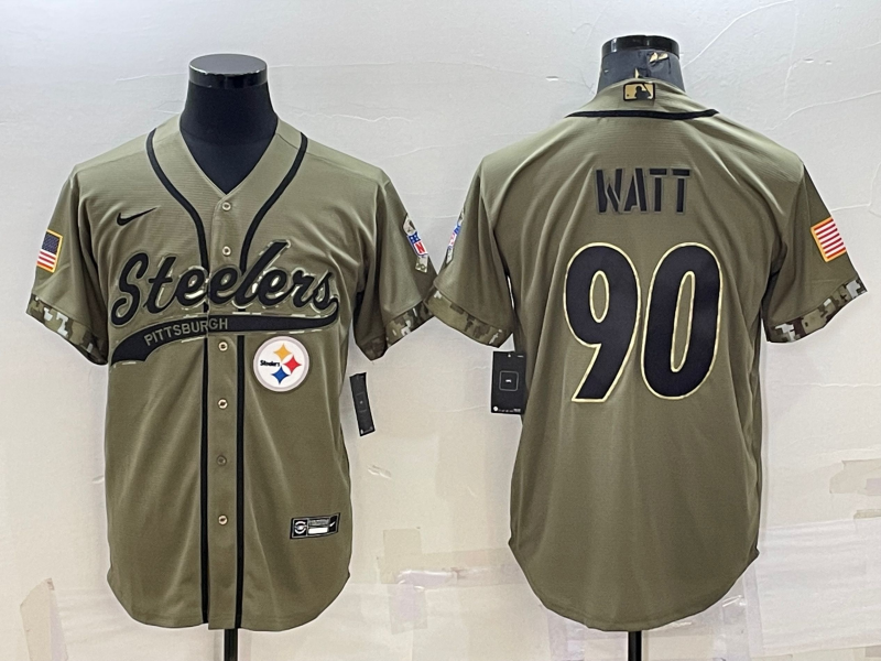 Men's Pittsburgh Steelers #90 TJ Watt Olive 2022 Salute to Service Cool Base Stitched Baseball Jersey