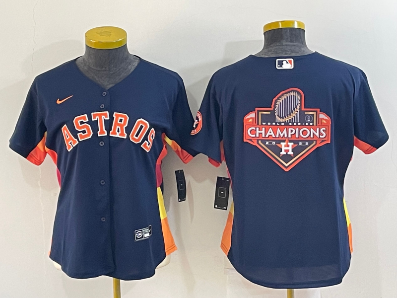 Women's Houston Astros Navy Blue Champions Big Logo With Patch Stitched MLB Cool Base Nike Jersey