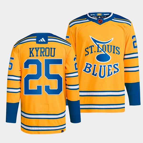 Men's St. Louis Blues #25 Jordan Kyrou Yellow 2022-23 Reverse Retro Stitched Jersey