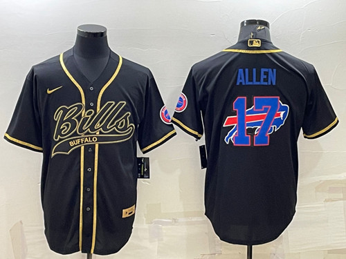 Men's Buffalo Bills #17 Josh Allen Black Gold Team Big Logo With Patch Cool Base Stitched Baseball Jersey