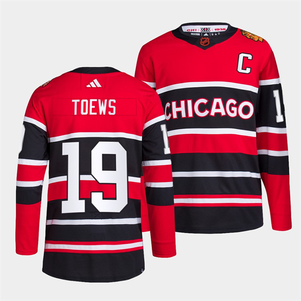 Men's Chicago Blackhawks #19 Jonathan Toews Red Black 2022 Reverse Retro Stitched Jersey