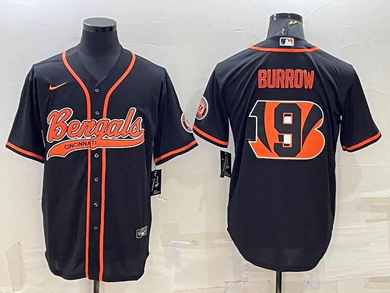 Men's Cincinnati Bengals #9 Joe Burrow Black Team Big Logo With Patch Cool Base Stitched Baseball Jersey