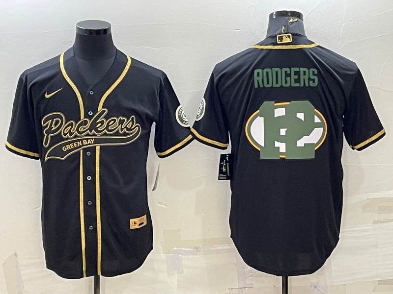 Men's Green Bay Packers #12 Aaron Rodgers Black Team Big Logo With Patch Cool Base Stitched Baseball Jersey