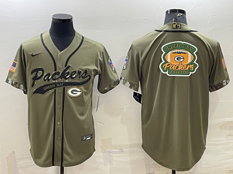 Men's Green Bay Packers Olive Salute to Service Team Big Logo Cool Base Stitched Baseball Jersey