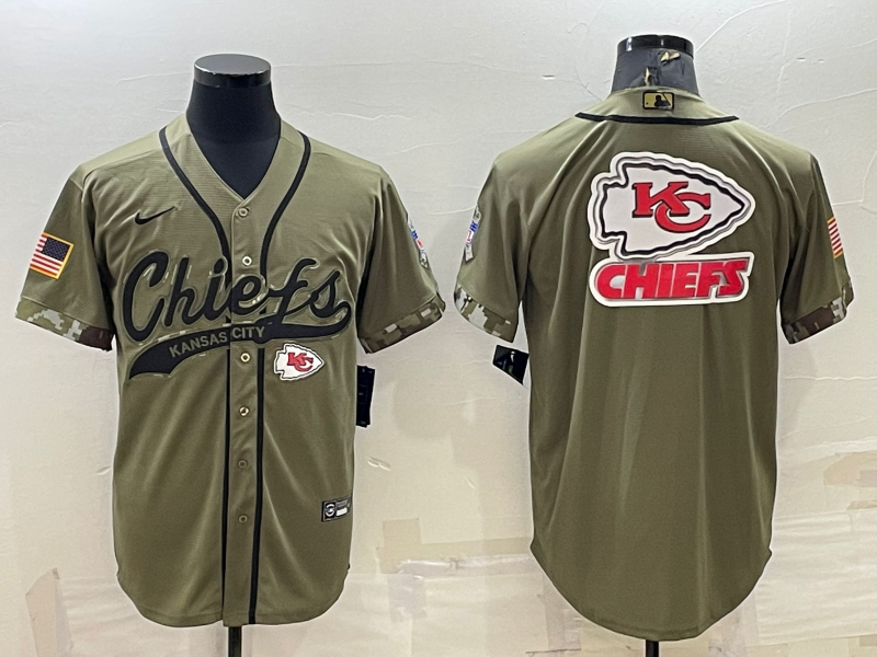 Men's Kansas City Chiefs Olive Salute to Service Team Big Logo Cool Base Stitched Baseball Jersey