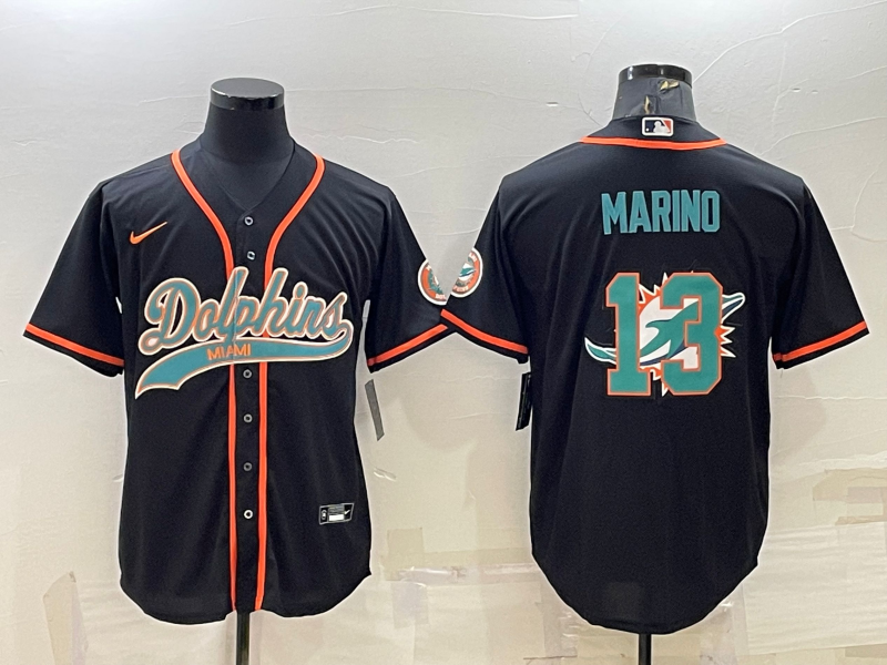 Men's Miami Dolphins #13 Dan Marino Black Team Big Logo With Patch Cool Base Stitched Baseball Jersey