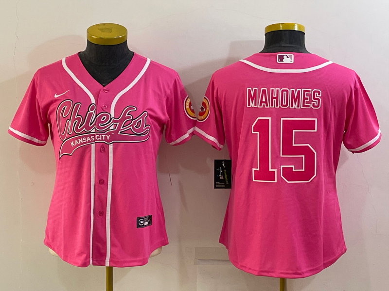 Women's Kansas City Chiefs #15 Patrick Mahomes Pink With Patch Cool Base Stitched Baseball Jersey