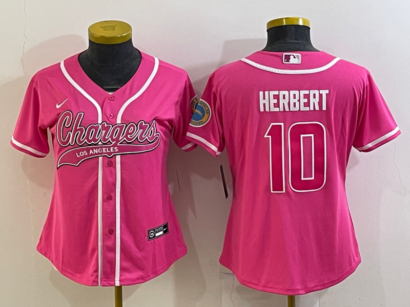 Women's Los Angeles Chargers #10 Justin Herbert Pink With Patch Cool Base Stitched Baseball Jersey