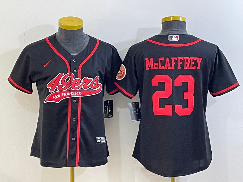 Women's San Francisco 49ers #23 Christian McCaffrey Black With Patch Cool Base Stitched Baseball Jersey