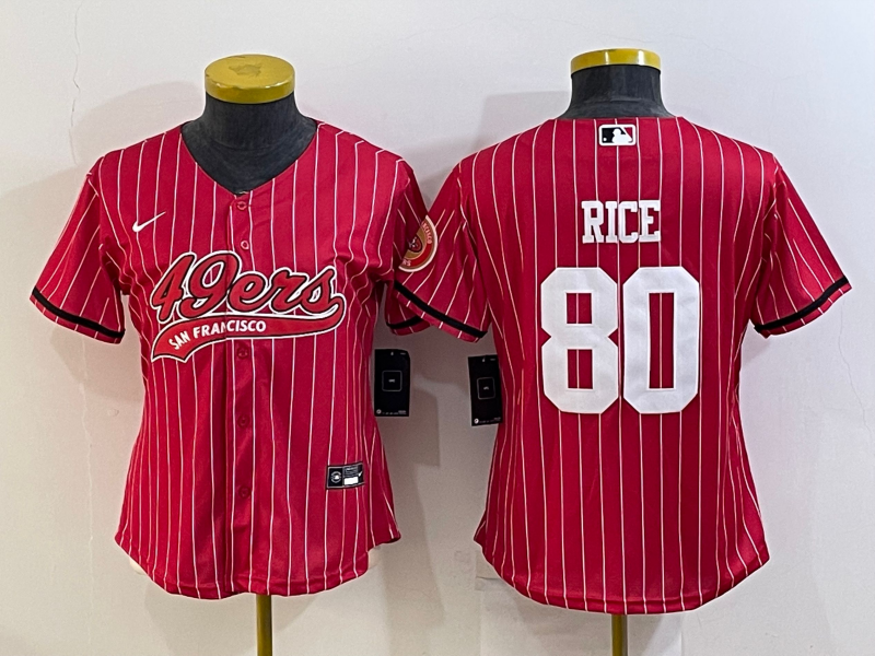 Women's San Francisco 49ers #80 Jerry Rice Red Pinstripe With Patch Cool Base Stitched Baseball Jersey