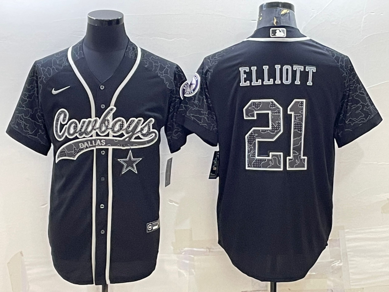 Men's Dallas Cowboys #21 Ezekiel Elliott Black Reflective With Patch Cool Base Stitched Baseball Jersey