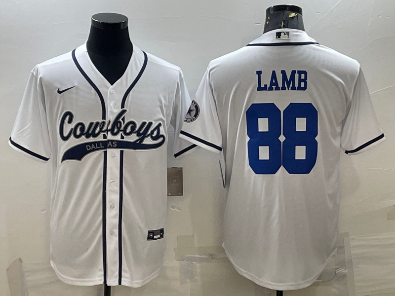 Men's Dallas Cowboys #88 CeeDee Lamb White With Patch Cool Base Stitched Baseball Jersey