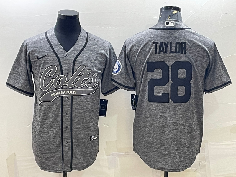 Men's Indianapolis Colts #28 Jonathan Taylor Grey Gridiron With Patch Cool Base Stitched Baseball Jersey