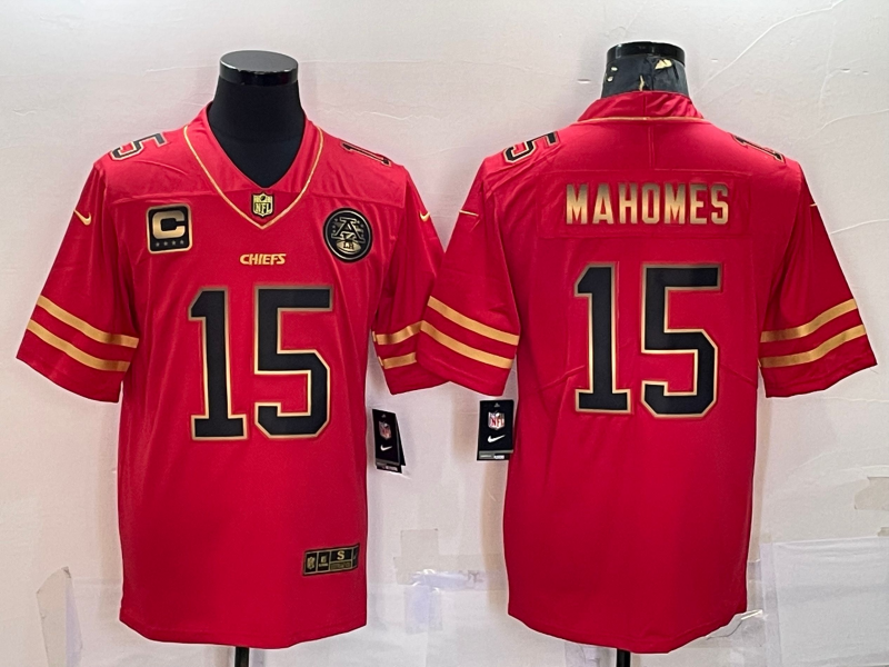 Men's Kansas City Chiefs #15 Patrick Mahomes Red Gold With C Patch Stitched Football Jersey