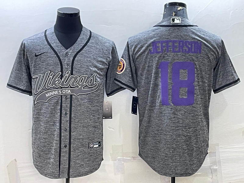 Men's Minnesota Vikings #18 Justin Jefferson Grey Gridiron With Patch Cool Base Stitched Baseball Jersey