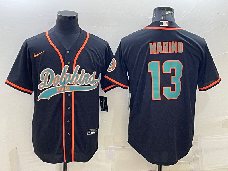 Men's Miami Dolphins #13 Dan Marino Black With Patch Cool Base Stitched Baseball Jersey