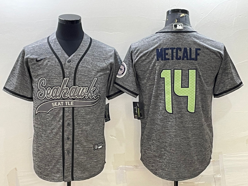 Men's Seattle Seahawks #14 DK Metcalf Grey Gridiron With Patch Cool Base Stitched Baseball Jersey