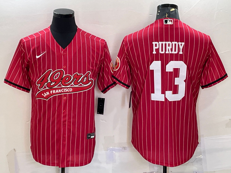 Men's San Francisco 49ers #13 Brock Purdy Red Pinstripe With Patch Cool Base Stitched Baseball Jersey