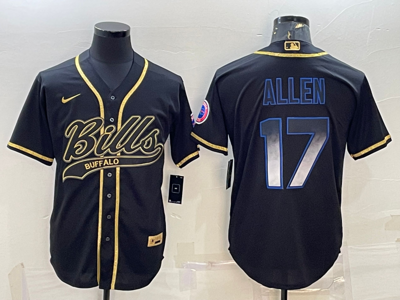 Men's Buffalo Bills #17 Josh Allen Black Gold Vapor Smoke With Patch Cool Base Stitched Baseball Jersey