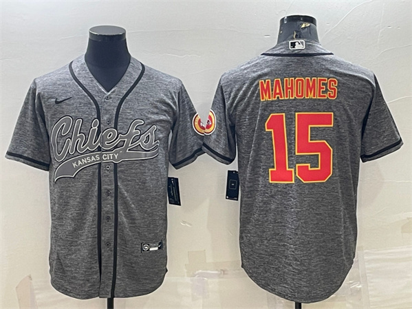 Men's Kansas City Chiefs #15 Patrick Mahomes Gray With Patch Cool Base Stitched Baseball Jersey