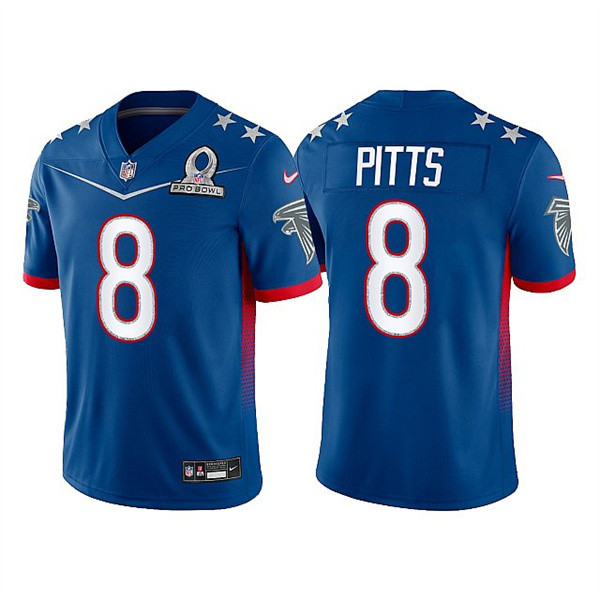 Men's Atlanta Falcons #8 Kyle Pitts 2022 Royal NFC Pro Bowl Stitched Jersey