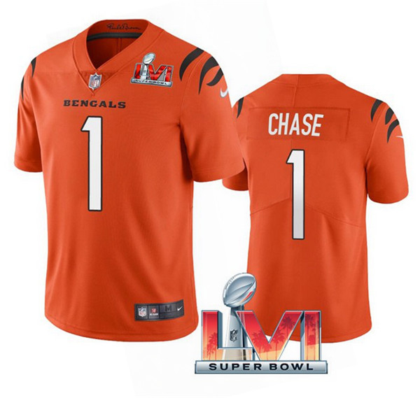 Men's Cincinnati Bengals #1 Ja'Marr Chase 2022 Orange Super Bowl LVI Vapor Limited Stitched Jersey