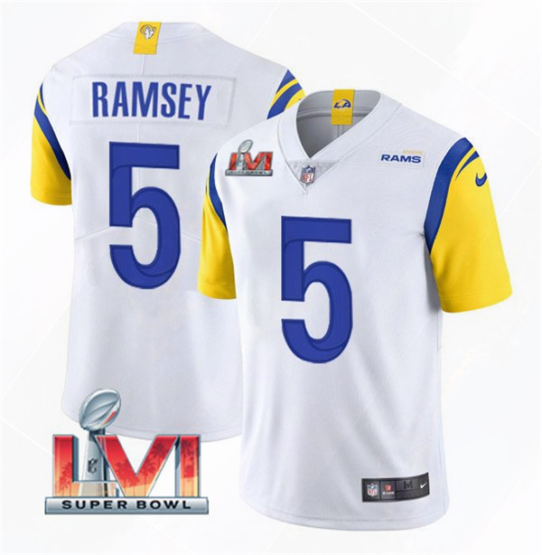 Men's Los Angeles Rams #5 Jalen Ramsey 2022 White Super Bowl LVI Vapor Limited Stitched Jersey