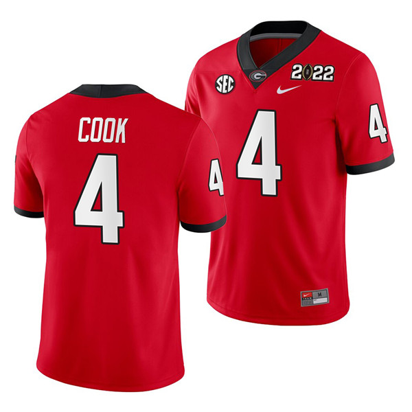 Men’s Georgia Bulldogs #4 James Cook 2022 Patch Red College Football Stitched Jersey