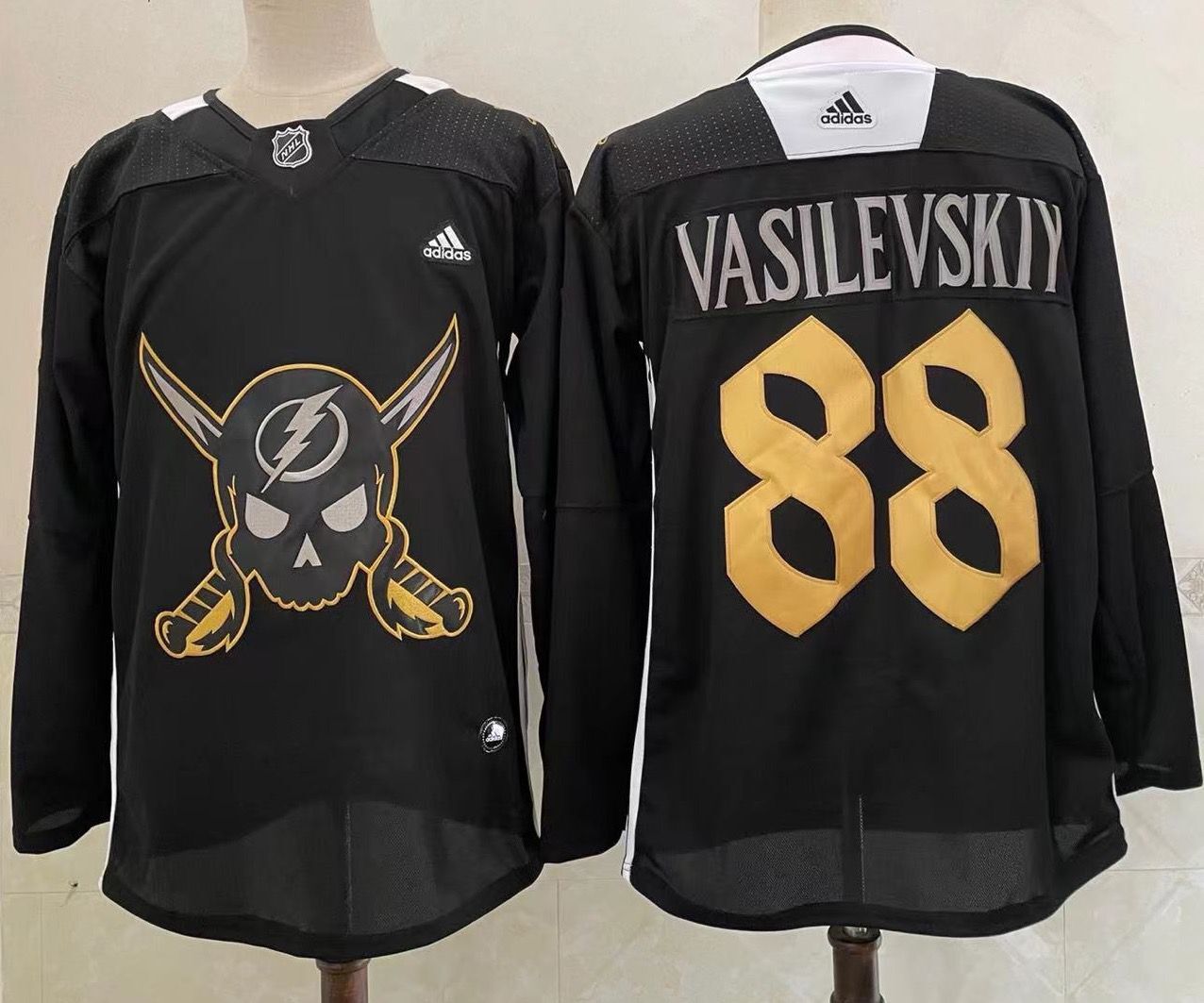 Men's Tampa Bay Lightning #88 Andrei Vasilevskiy Black Pirate Themed Warmup Authentic Jersey