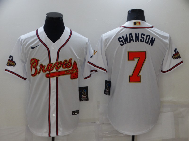 Men's Atlanta Braves#7 Dansby Swanson 2022 White Gold World Series Champions Program Cool Base Stitched Baseball Jersey