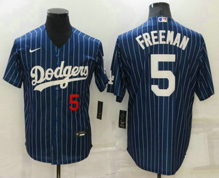 Men's Los Angeles Dodgers #5 Freddie Freeman Navy Blue Pinstripe Stitched MLB Cool Base Nike Jersey