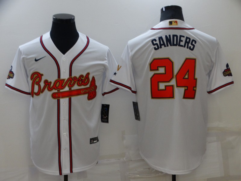 Men's Atlanta Braves #24 Deion Sanders 2022 White Gold World Series Champions Program Cool Base Stitched Baseball Jersey