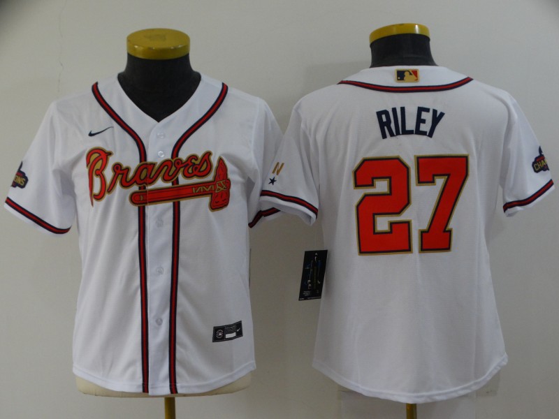 Women's Atlanta Braves #27 Austin Riley 2022 White Gold World Series Champions Program Cool Base Stitched Jersey