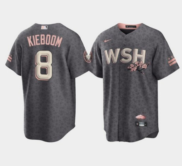 Men's Washington Nationals #8 Carter Kieboom 2022 Grey City Connect Cherry Blossom Cool Base Stitched Jersey