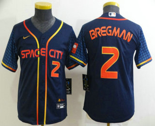 Youth Houston Astros #2 Alex Bregman Number 2022 Navy Blue City Connect Cool Base Stitched Jersey